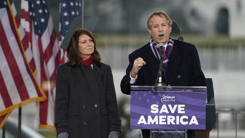 FILE - In this Jan. 6, 2021 file photo, Texas Attorney General Ken Paxton speaks at a rally in...